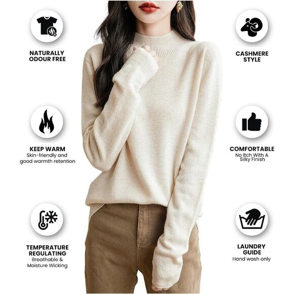 Chanyarn Women's 100% Merino Wool Mock Neck Long Sleeve Pullover Sweater - Picture 3 of 7